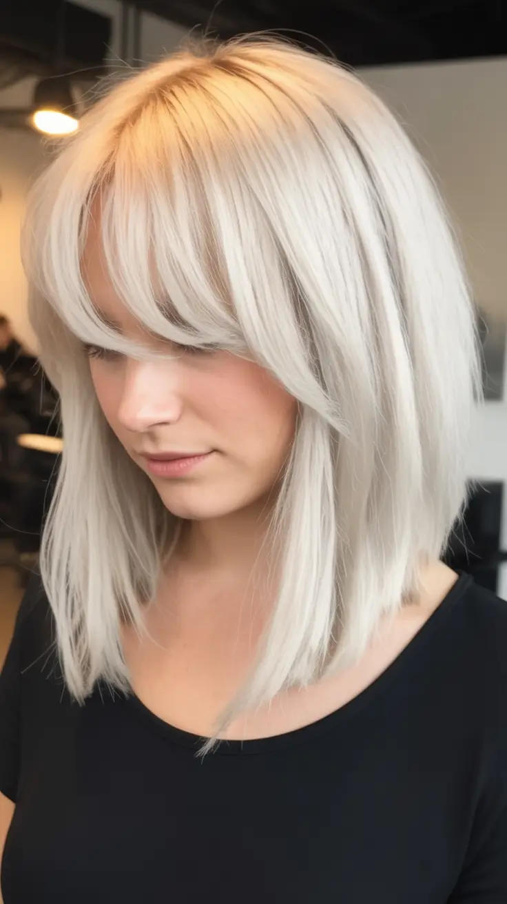winter hair colors for blondes Snowy Blonde with Full Fringe