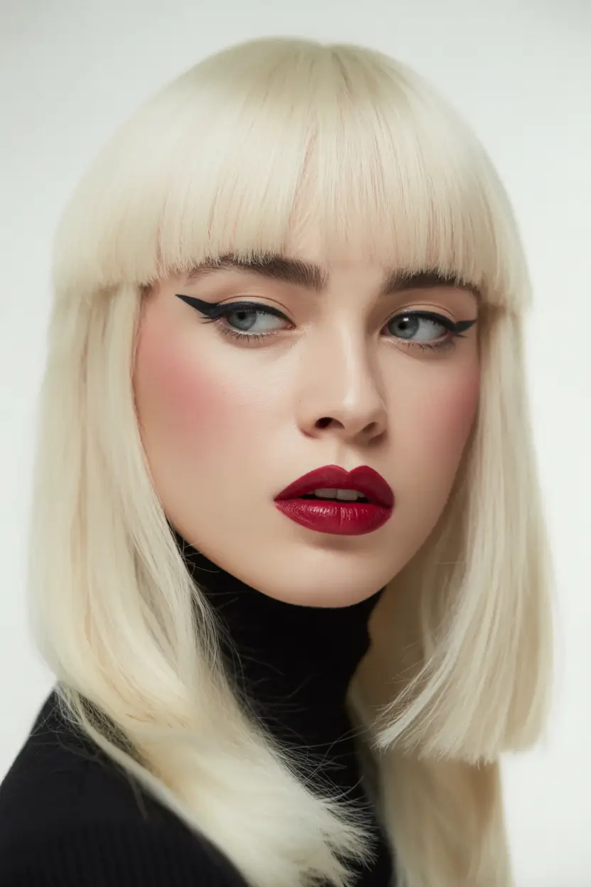 winter hair colors for blondes Edgy Platinum with Blunt Fringe