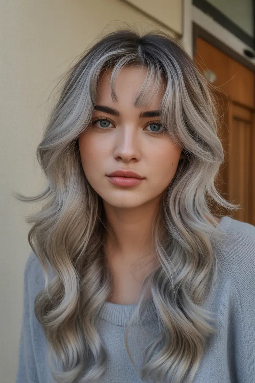winter hair colors for blondes Silver Balayage with Soft Waves