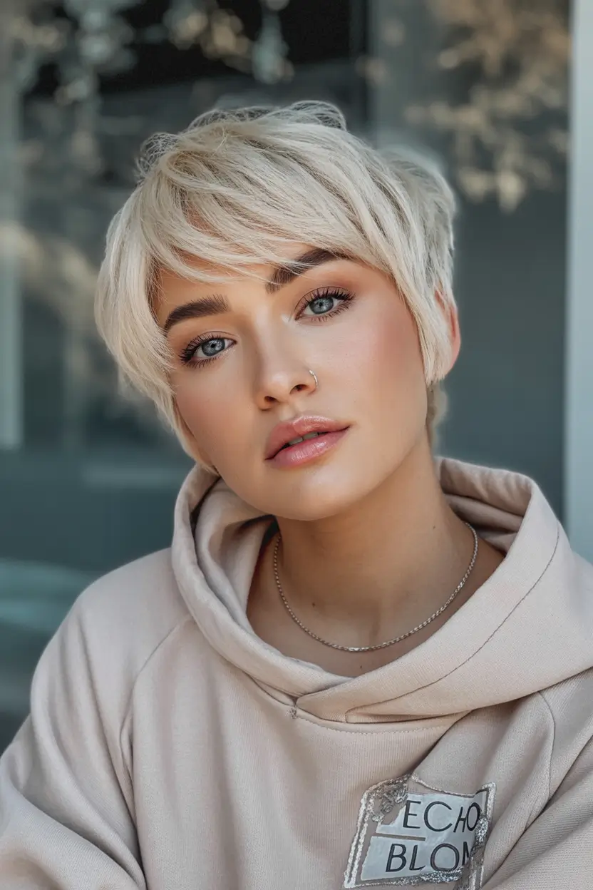 winter hair colors for blondes Short Textured Pixie in Platinum