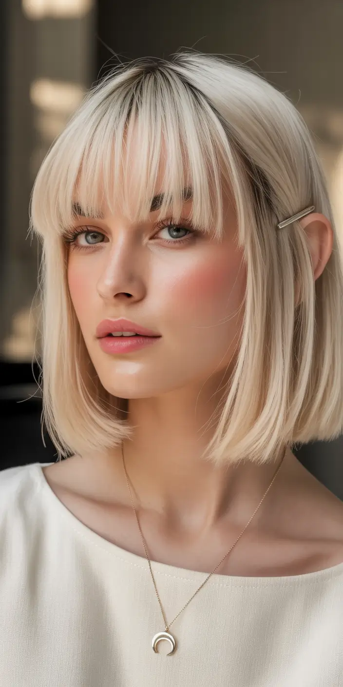 winter hair colors for blondes Polished Platinum Bob with Side Clip