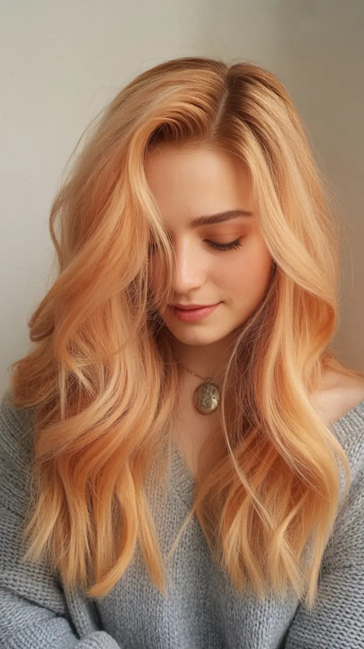winter hair colors for blondes Warm Peachy Blonde Waves