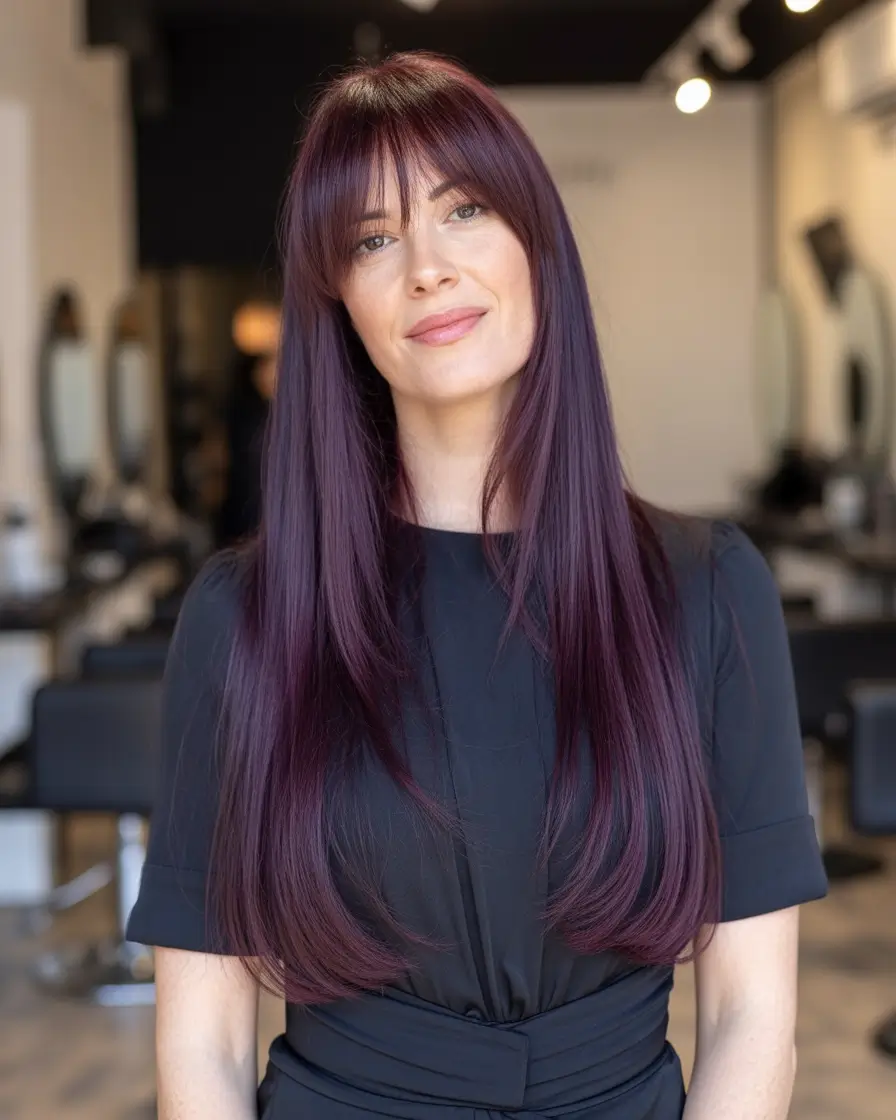 winter hair colors for brunettes Mulberry Shine with Wispy Bangs