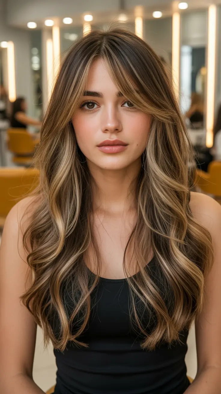 winter hair colors for brunettes Golden Brunette Balayage with Curtain Bangs