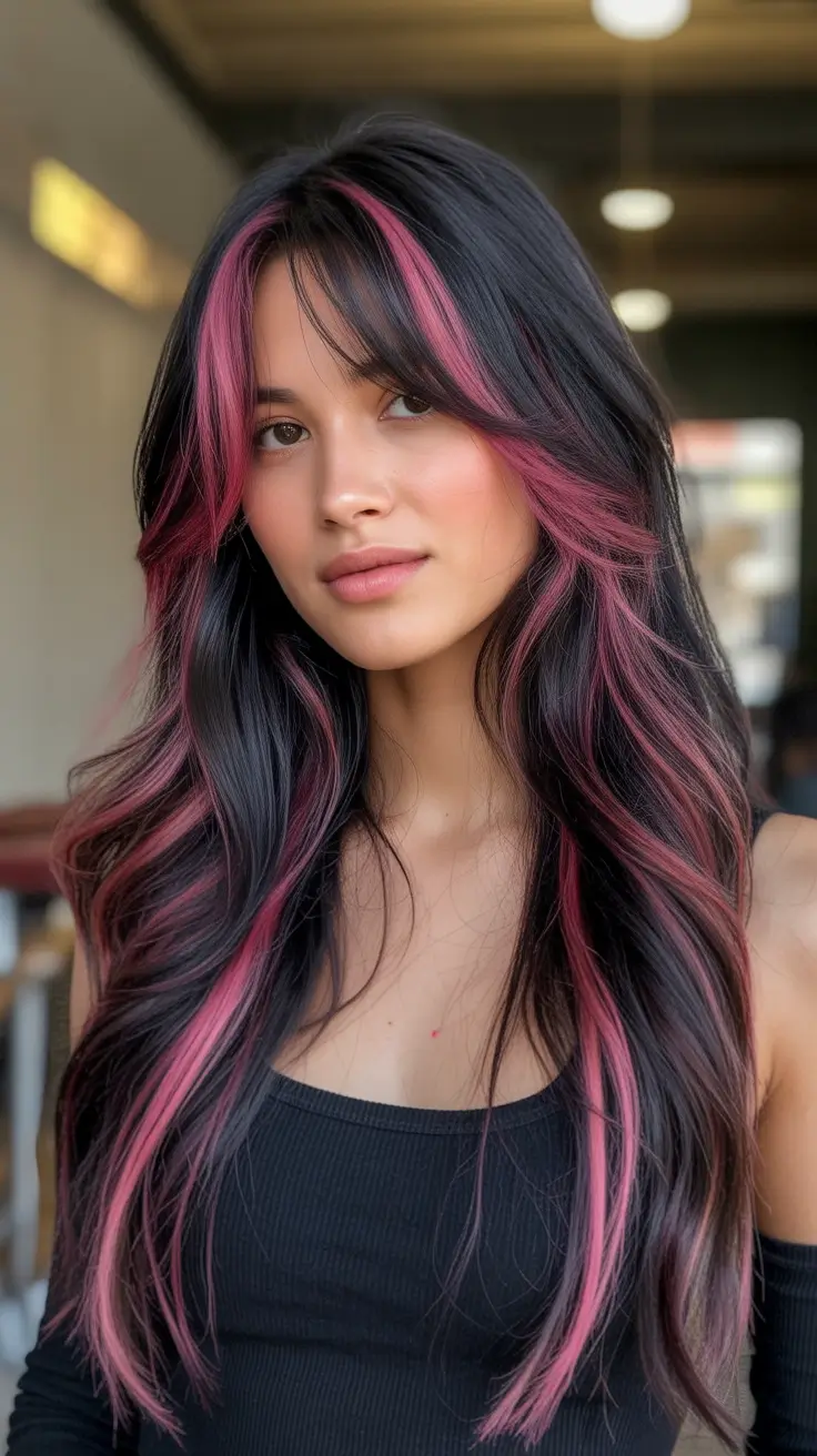 winter hair colors for brunettes Pink-Striped Brunette Layers
