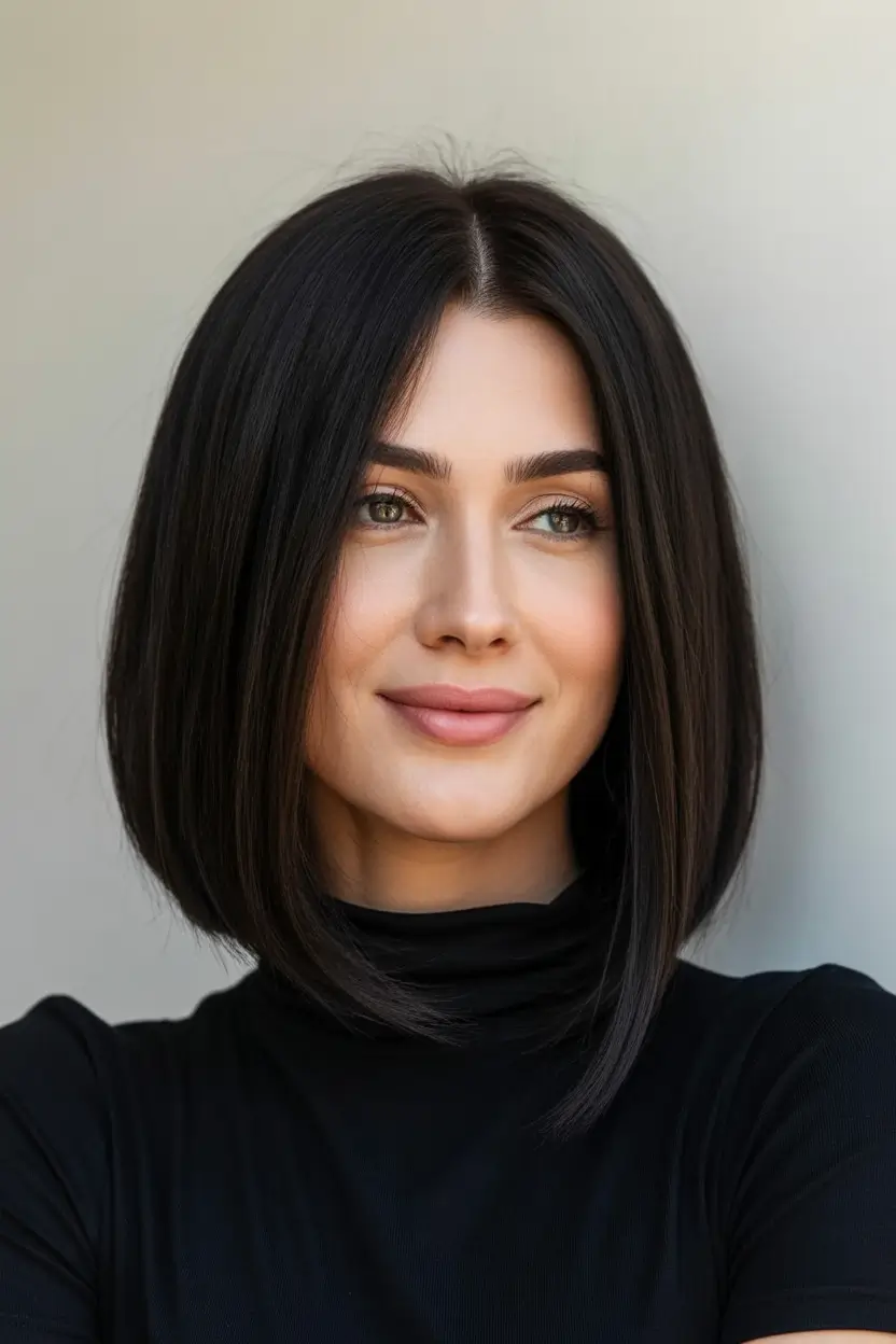 winter hair colors for brunettes Glossy Dark Brown Bob