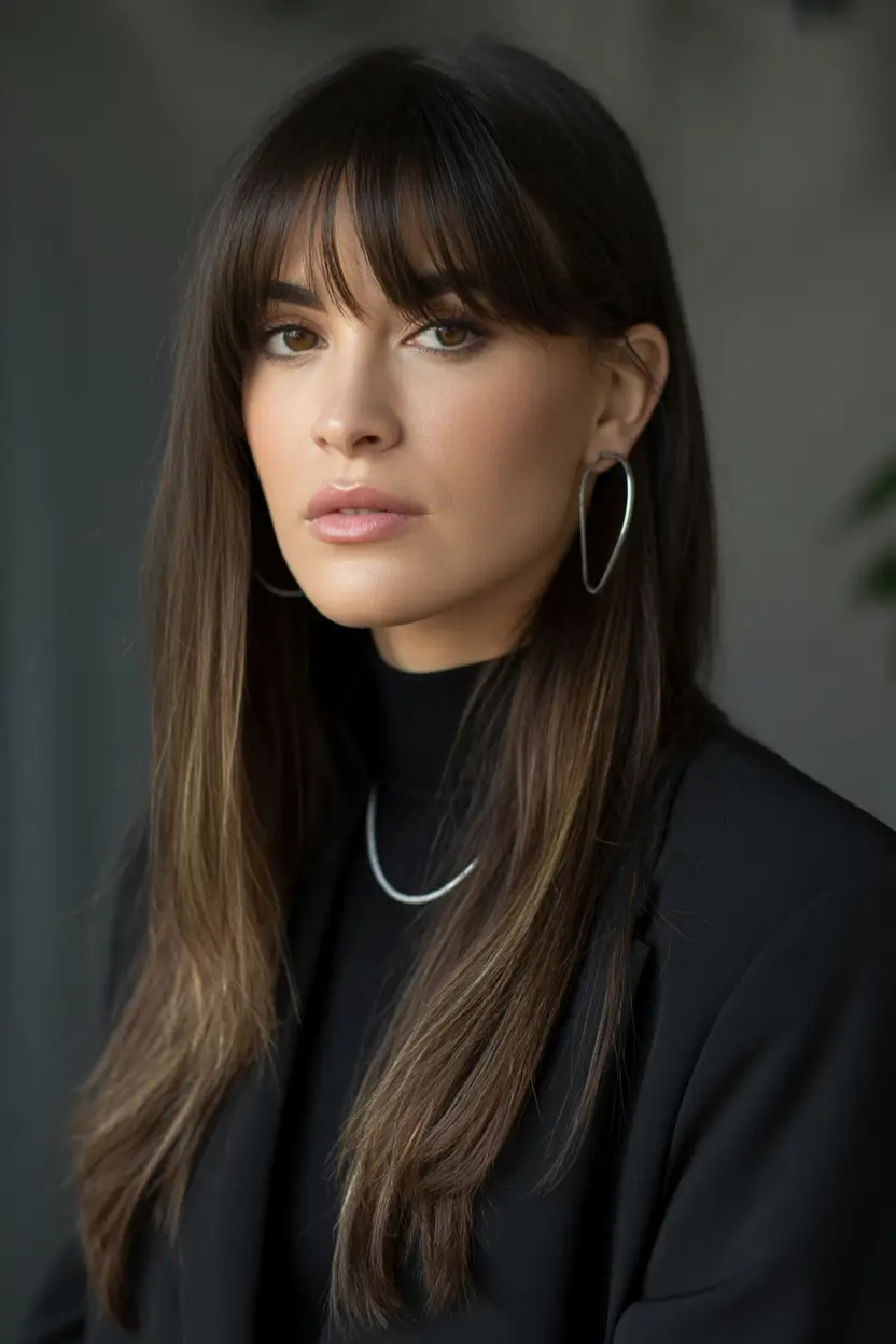 winter hair colors for brunettes Soft Brunette with Wispy Bangs