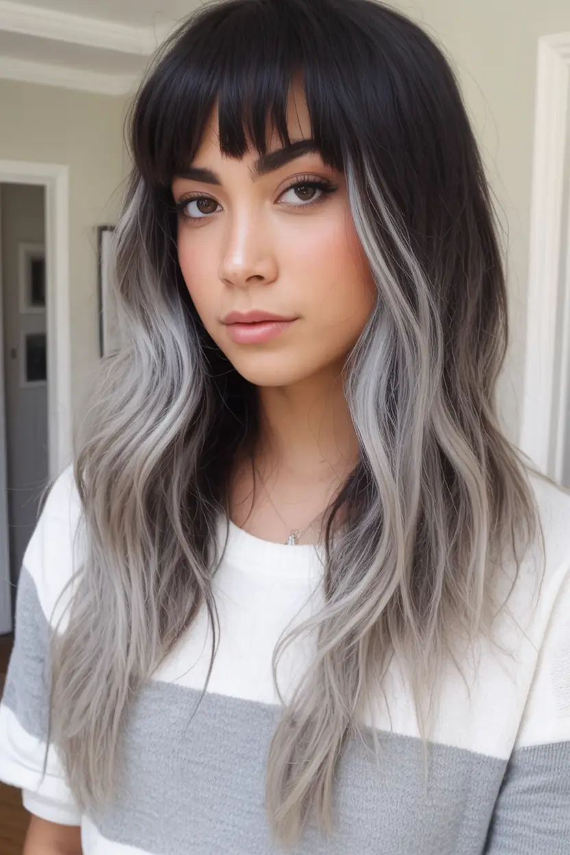 winter hair colors for brunettes Smoky Ash Ombre with Bangs