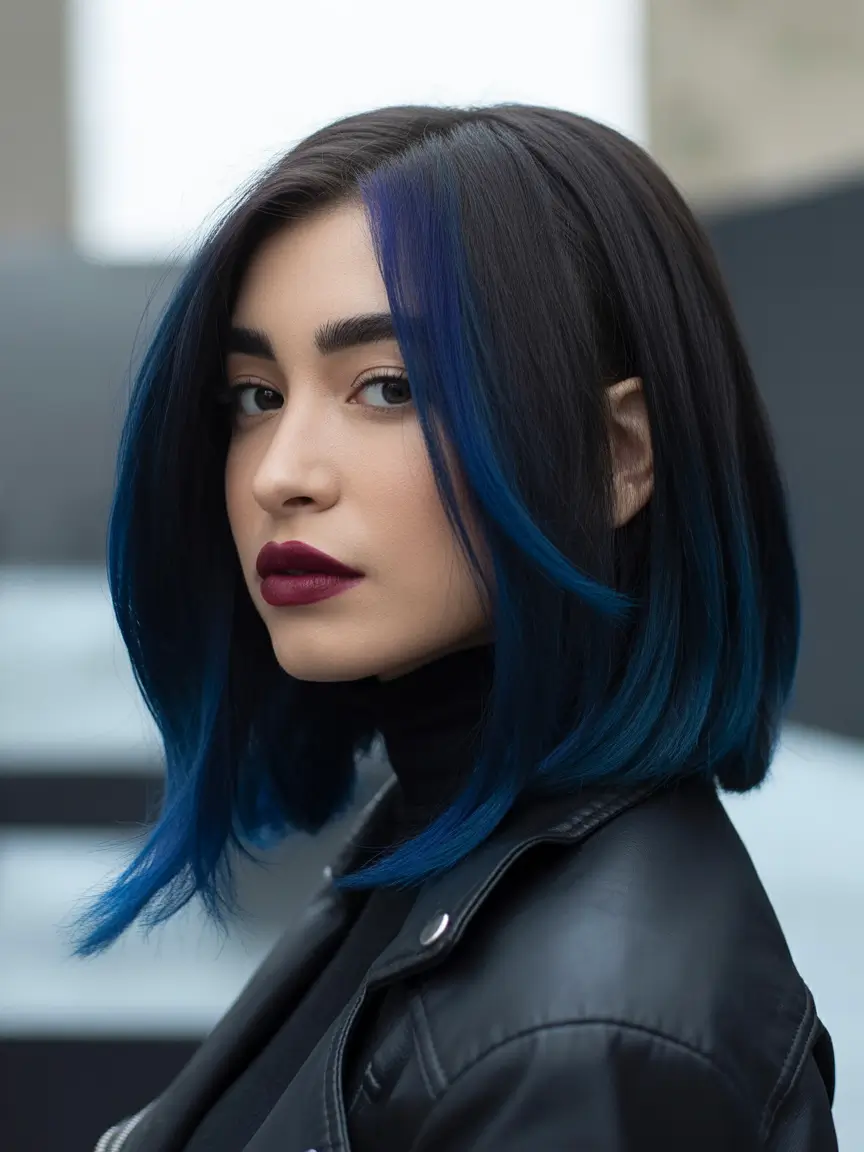 winter hair colors for brunettes Midnight Blue Bob with Sleek Edges