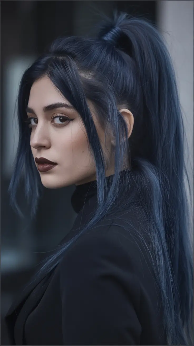 winter hair colors for brunettes Denim Blue High Ponytail