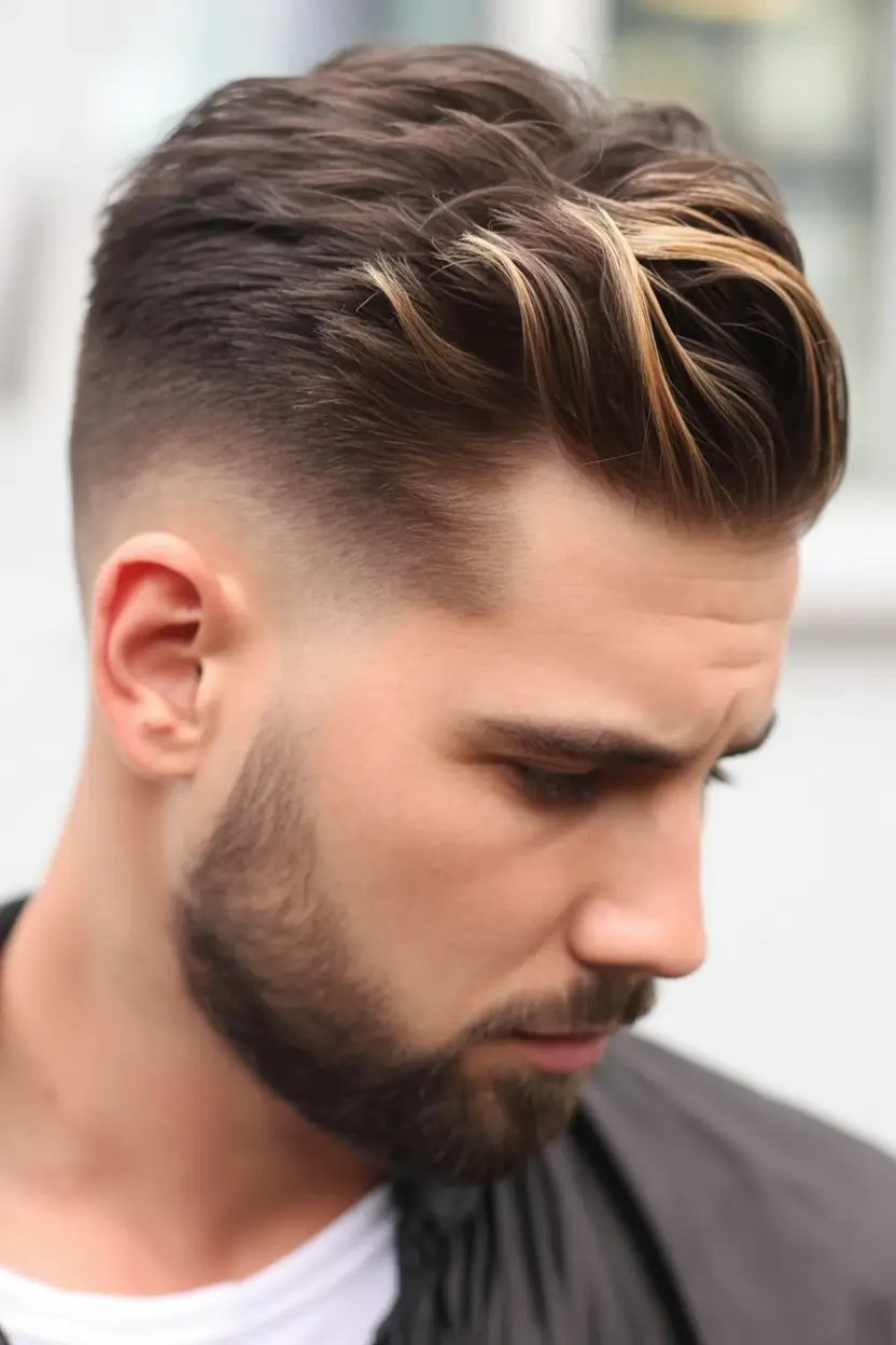 winter haircuts for men Highlighted Pompadour with Faded Sides