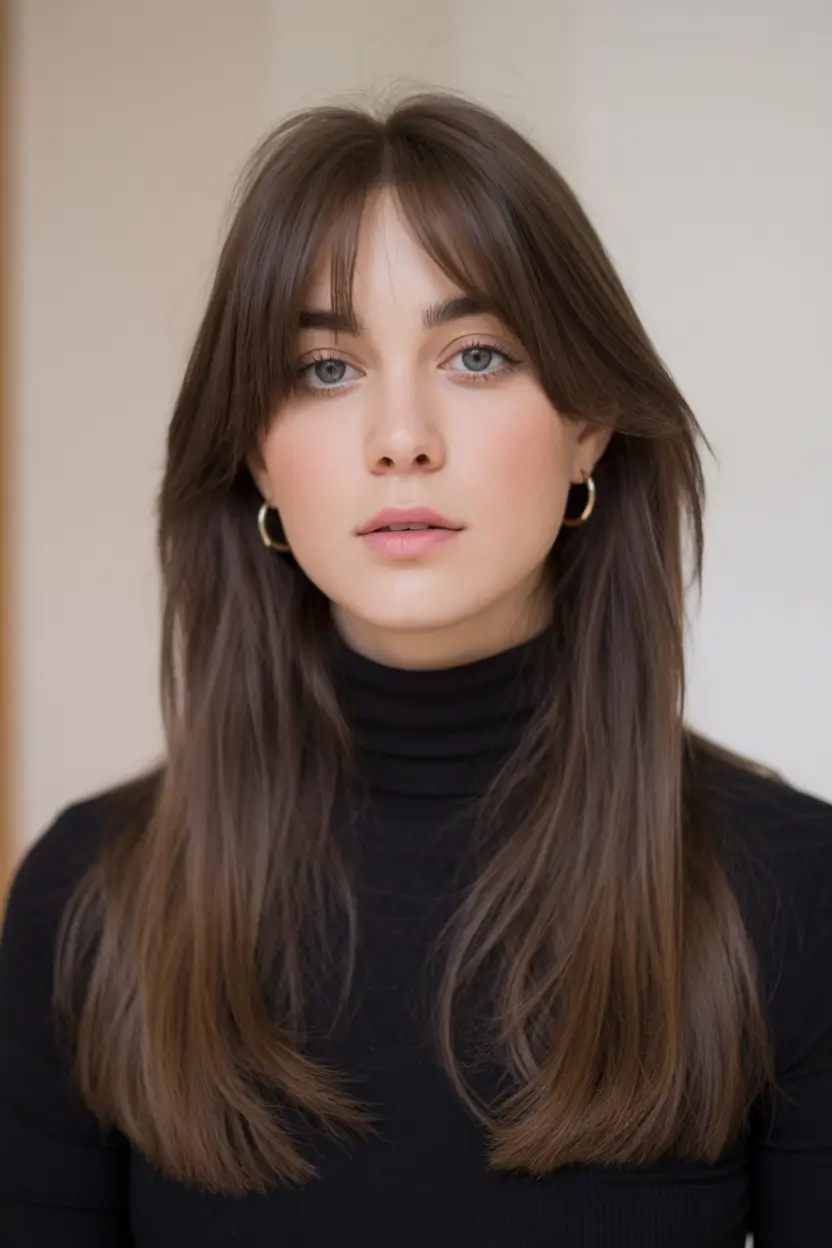 winter haircuts for round faces Long Curtain Bangs with Sleek Finish