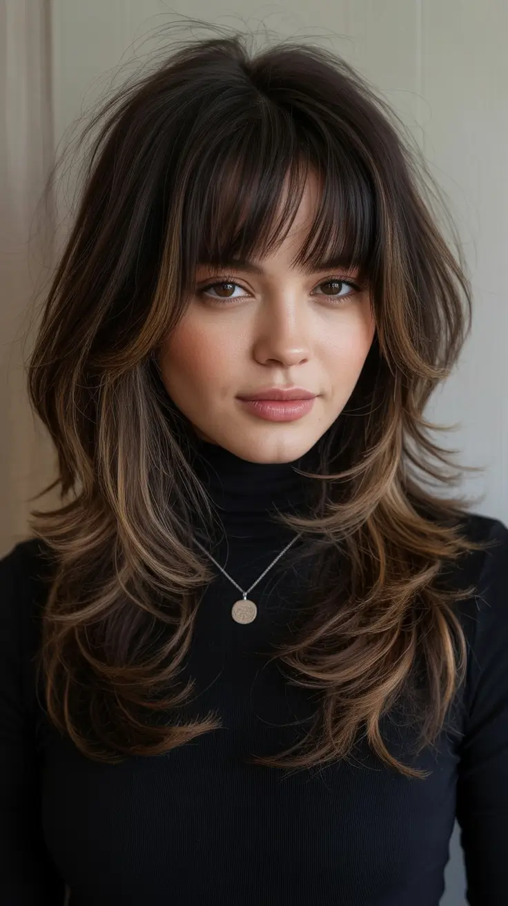 winter haircuts for round faces Layered Butterfly Cut with Bangs