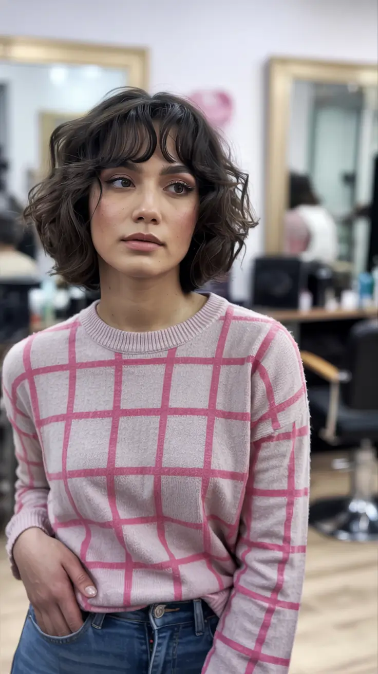 winter haircuts for round faces Soft Curly Bob with Curtain Bangs