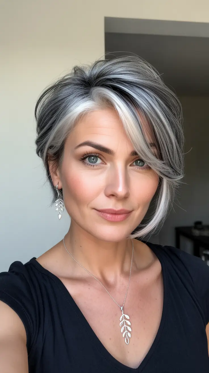 winter haircuts for women over 40 Salt and Pepper Dimension Bob