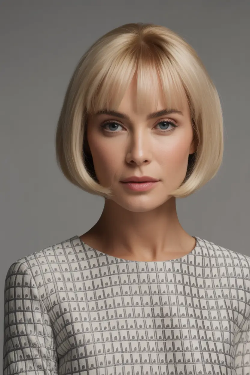 winter haircuts for women over 40 Rounded Blonde Bob with Fringe