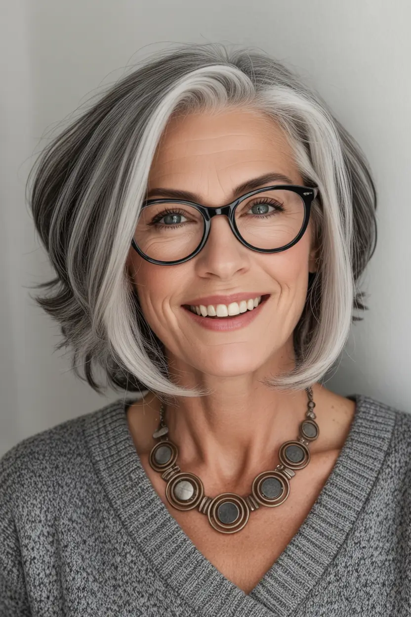 winter haircuts for women over 40 Silver Framed Bob with Layers