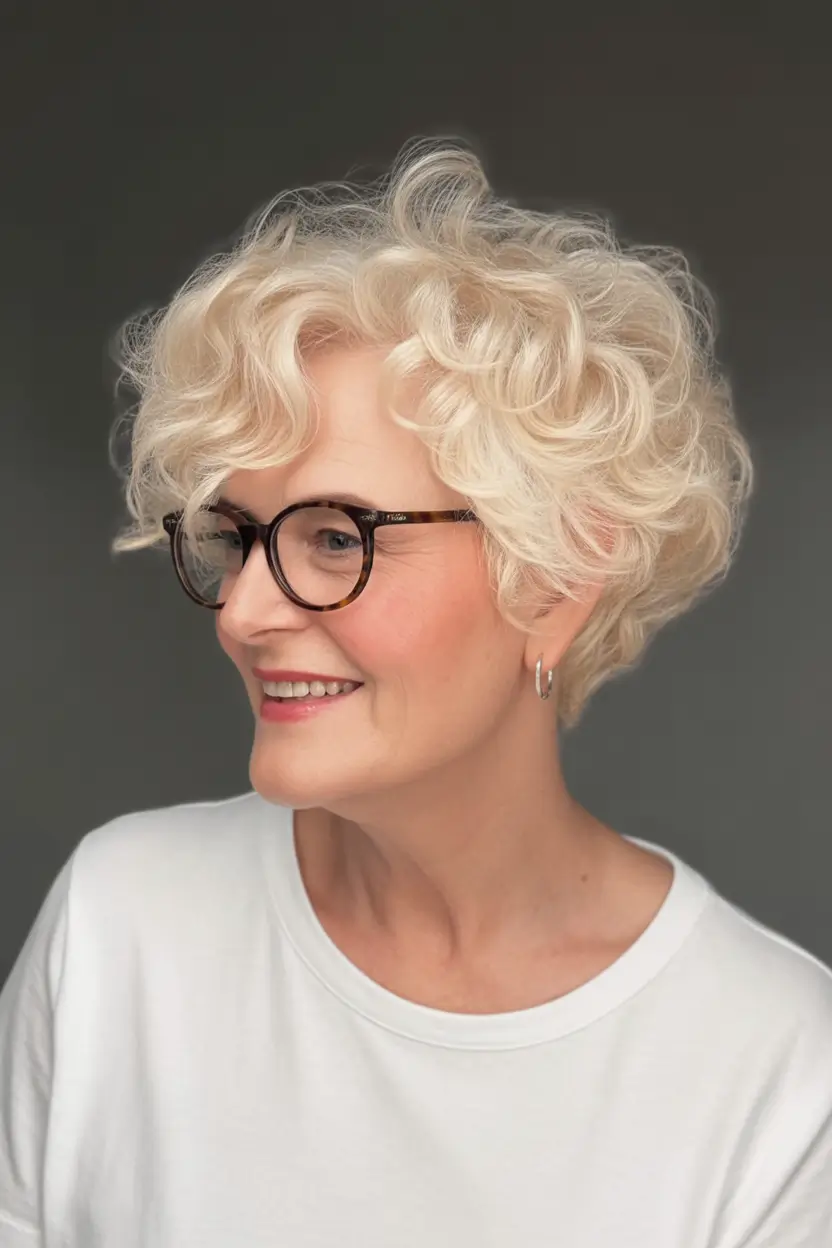 winter haircuts for women over 40 Curly Blonde Crop