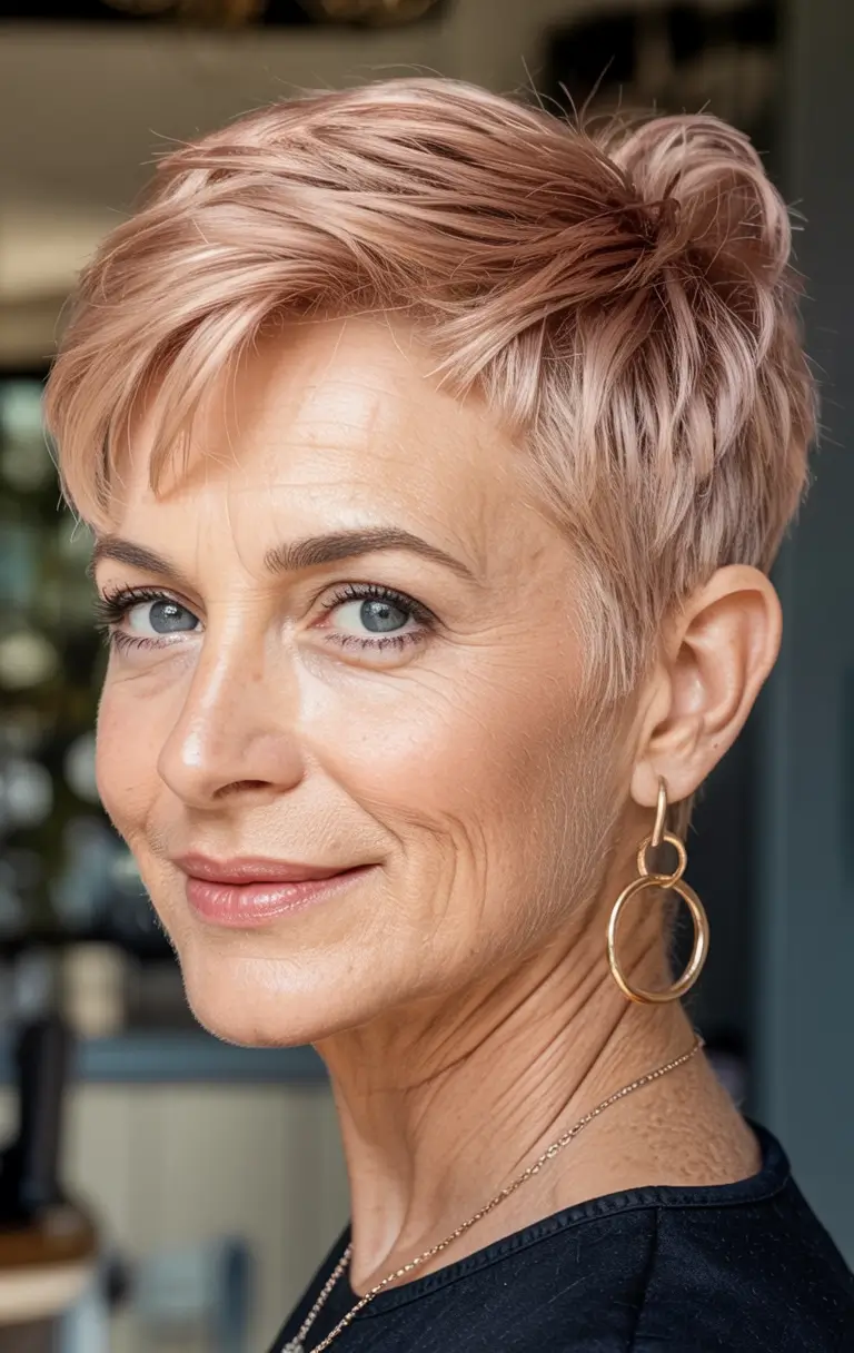 winter haircuts for women over 40 Rose Gold Pixie Crop