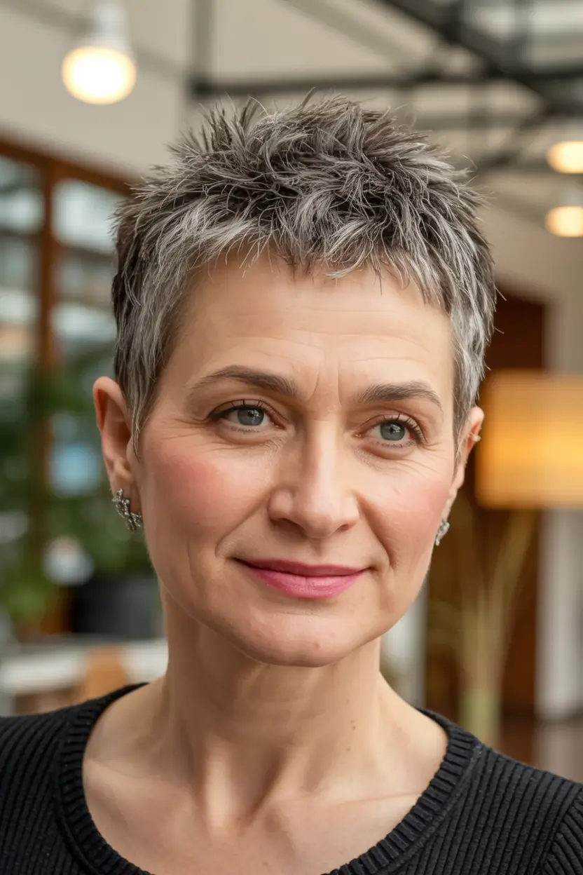 winter haircuts for women over 40 Textured Salt and Pepper Pixie