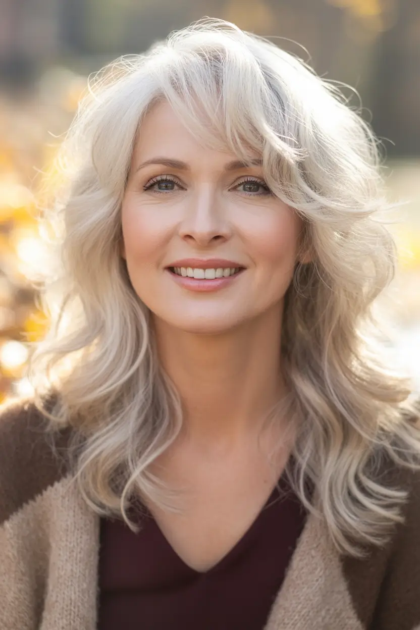 winter haircuts for women over 40 Soft Silver Layers with Curtain Bangs