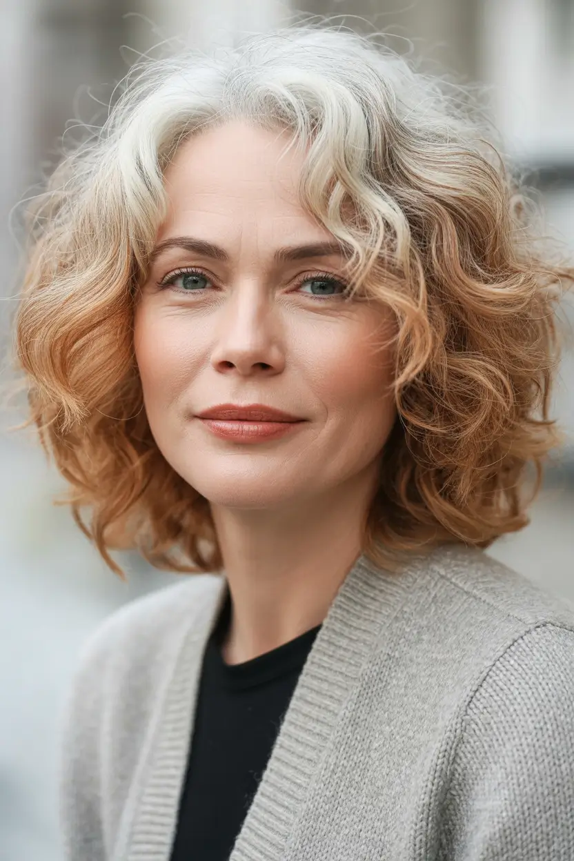 winter haircuts for women over 40 Curly Two-Tone Bob