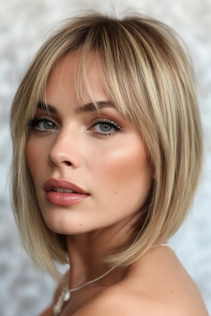 winter haircuts for women over 40 Blunt Bob with Wispy Fringe