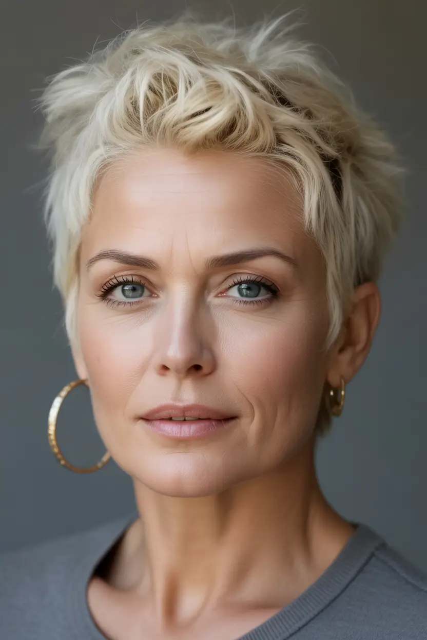 winter haircuts for women over 40 Choppy Blonde Pixie Cut
