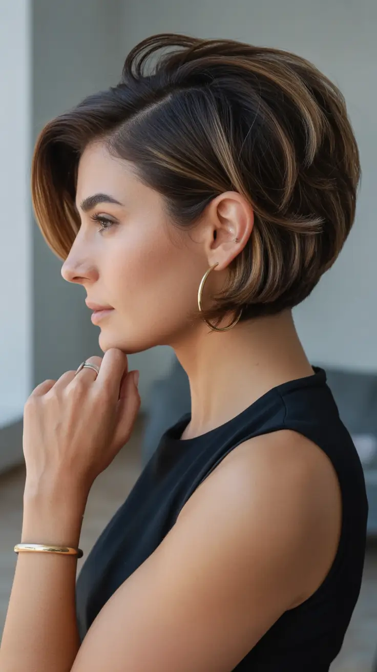 winter haircuts for women over 40 Layered Brunette Bob with Side Part