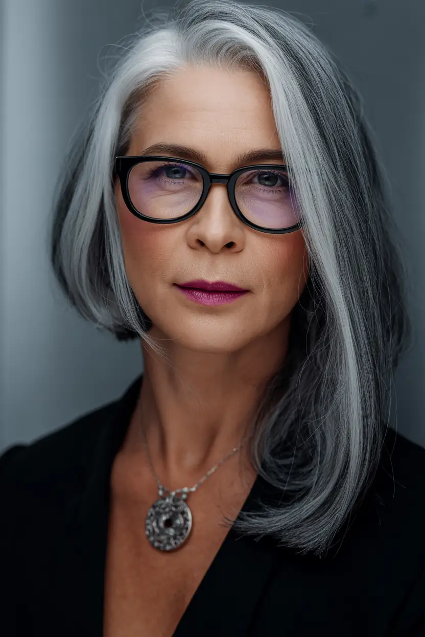 winter haircuts for women over 50 Sharp Side-Parted Lob in Salt-and-Pepper