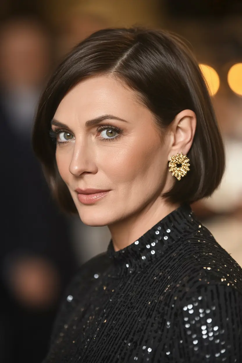 winter haircuts for women over 50 Glossy Sleek Bob with Precision Part