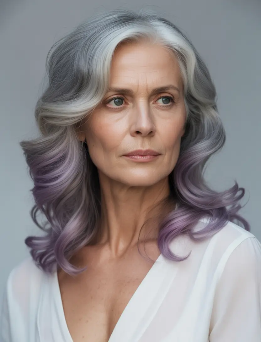 winter haircuts for women over 50 Lavender-Tipped Silver Waves