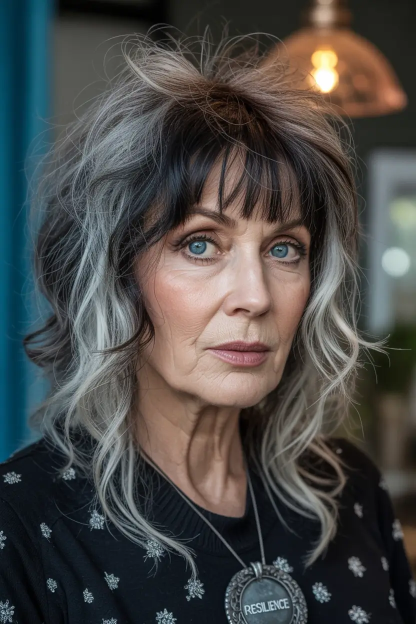 winter haircuts for women over 50 Shag with Dark Roots and Silver Highlights