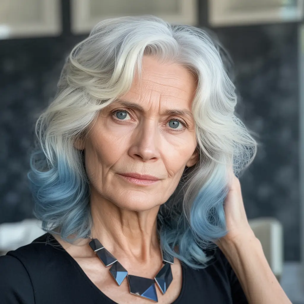 winter haircuts for women over 50 Silver-to-Blue Gradient Waves