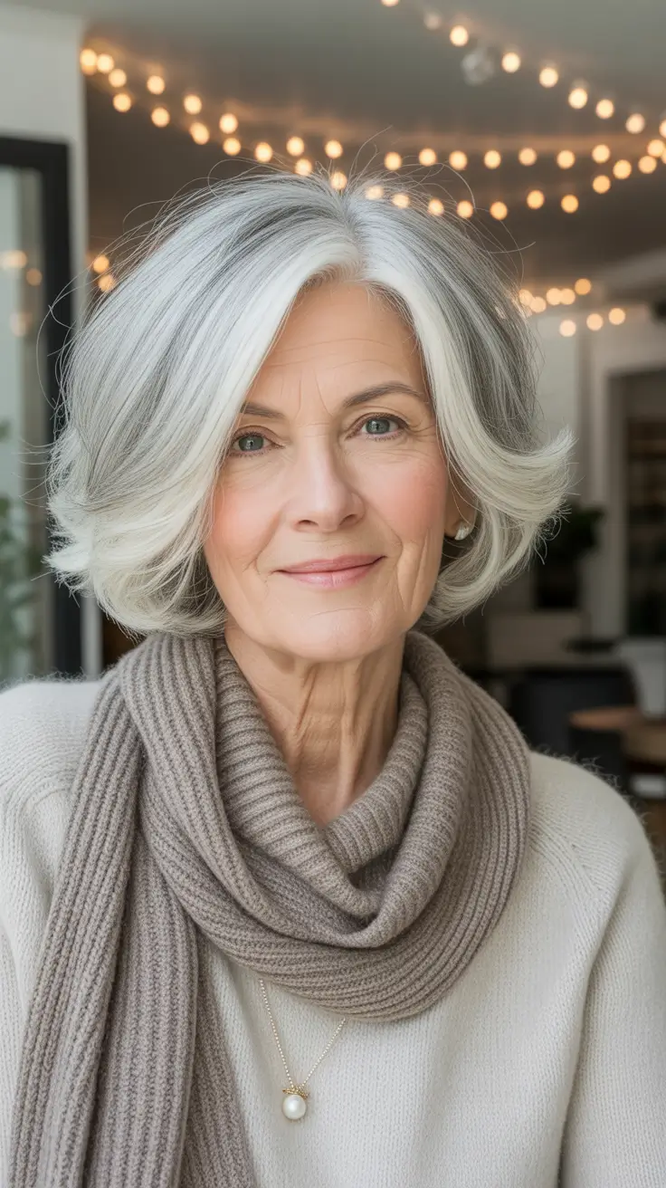 winter haircuts for women over 50 Feathered Silver Bob with Elegant Layers