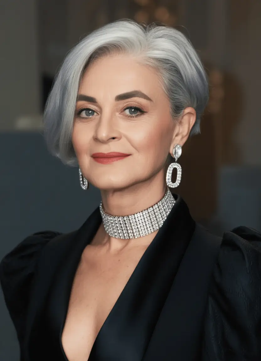 winter haircuts for women over 50 Asymmetrical Silver Bob with Side Sweep