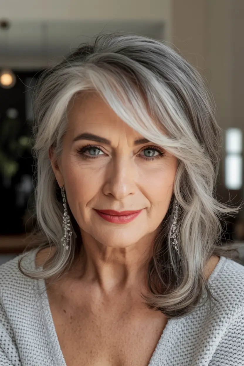 winter haircuts for women over 50 Layered Silver Cascade with Side Sweep