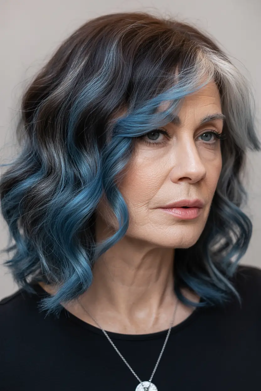 winter haircuts for women over 50 Blue-Gray Wavy Lob
