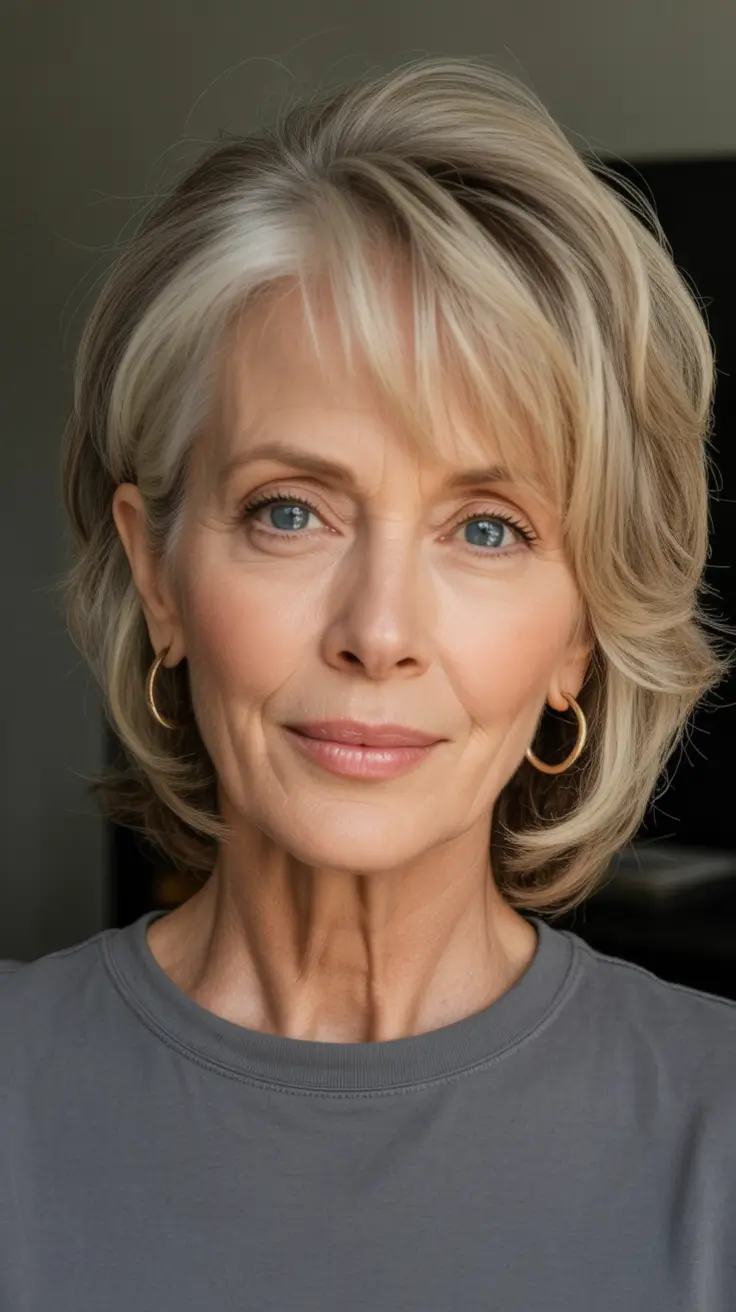 winter haircuts for women over 50 Layered Bob with Blonde Accents