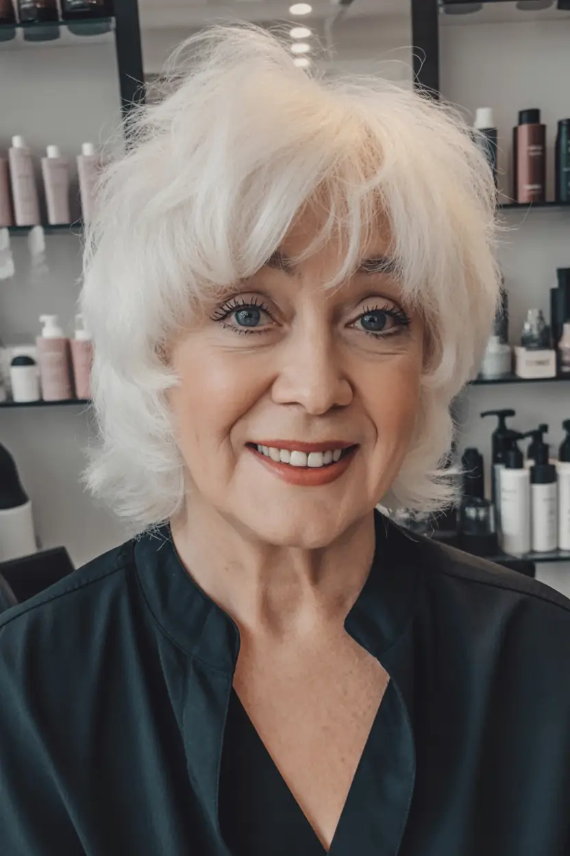 winter haircuts for women over 60 Feathered White Layers with Movement