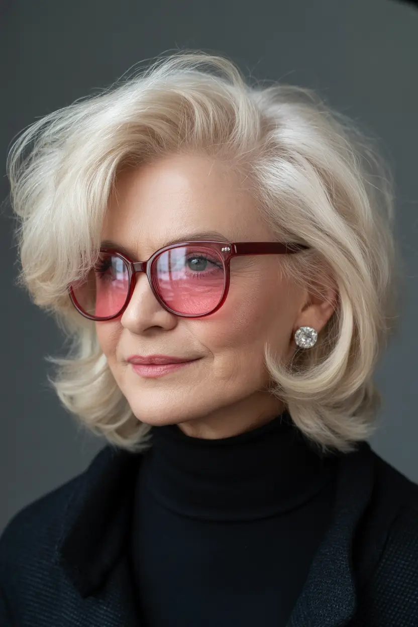 winter haircuts for women over 60 Layered Medium Cut with Volume and Glasses
