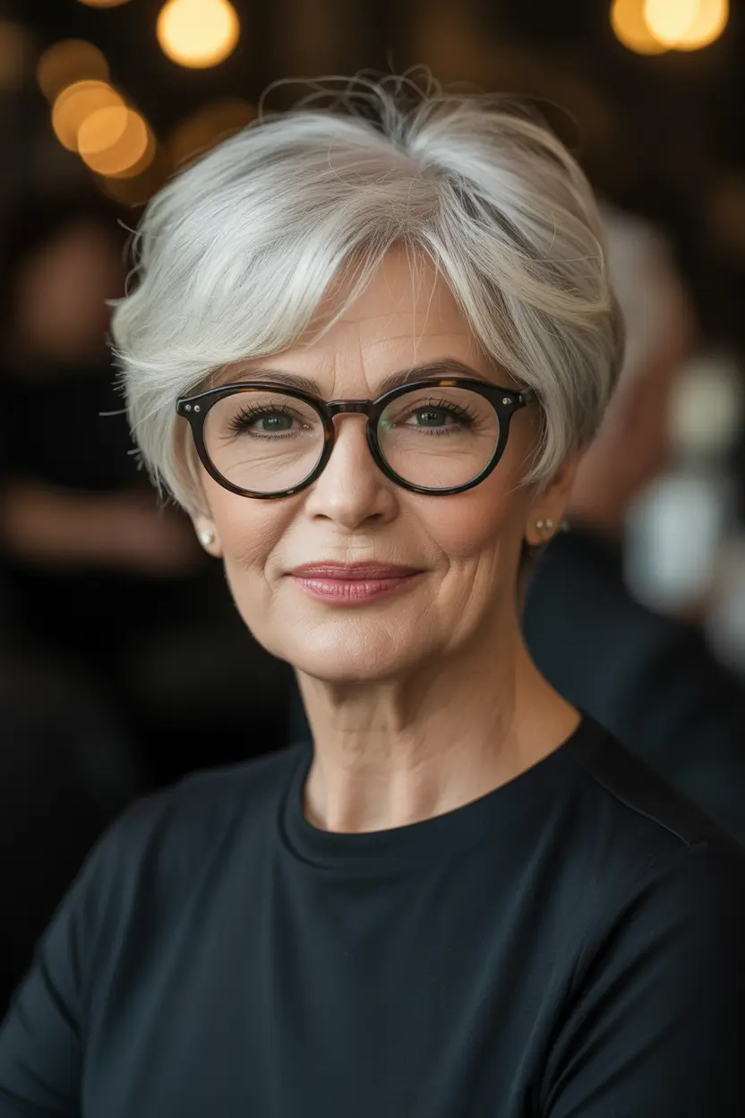 winter haircuts for women over 60 Layered Silver Bob with Glasses