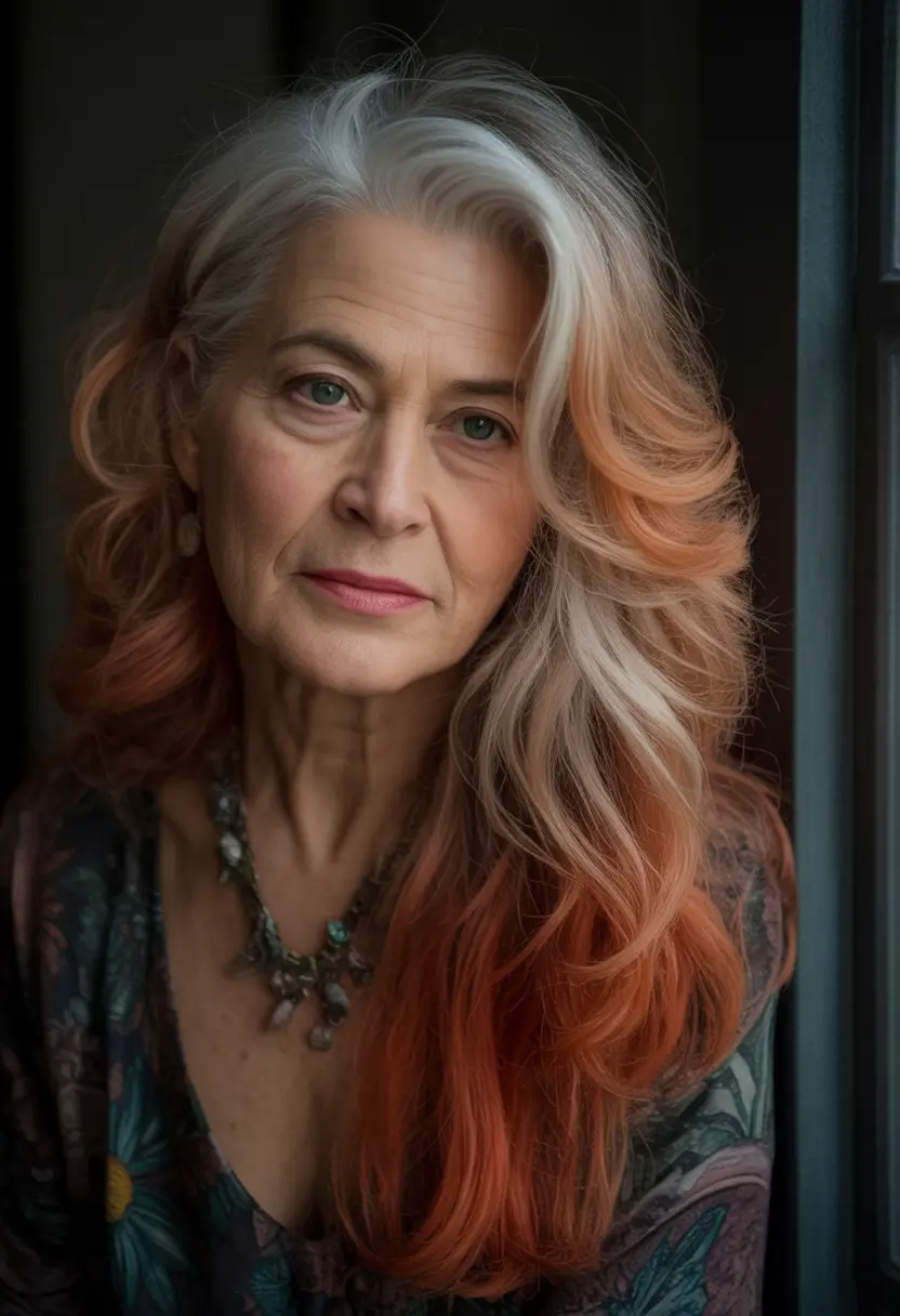 winter haircuts for women over 60 Long Silver Waves with Copper Accents