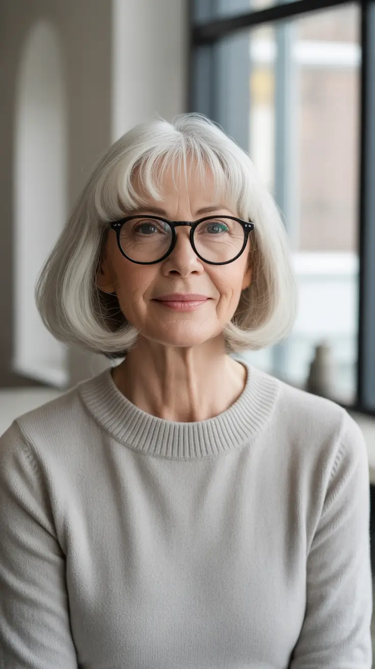 winter haircuts for women over 60 Classic Blunt Bob with Bangs and Glasses