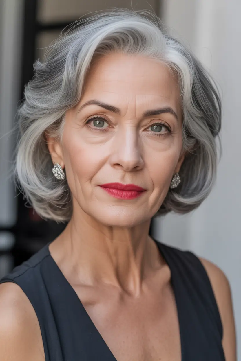 winter haircuts for women over 60 Polished Medium-Length Waves with Side Part