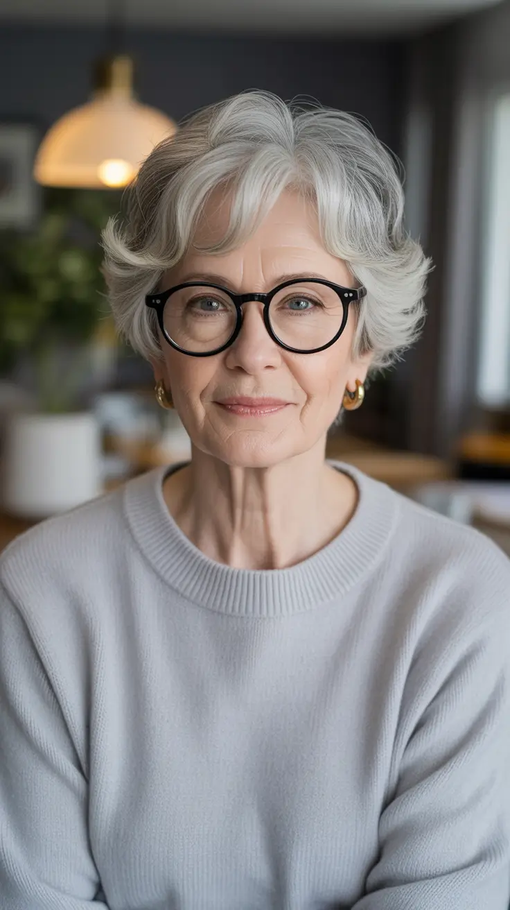 winter haircuts for women over 60 Short Silver Layers with Glasses