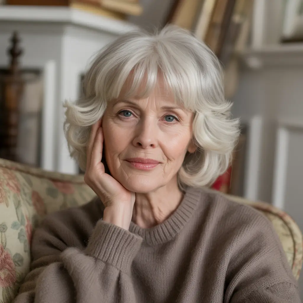 winter haircuts for women over 60 Soft Layered Bob with Curtain Bangs