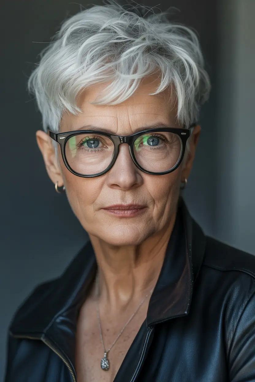 winter haircuts for women over 60 Modern Layered Pixie with Glasses