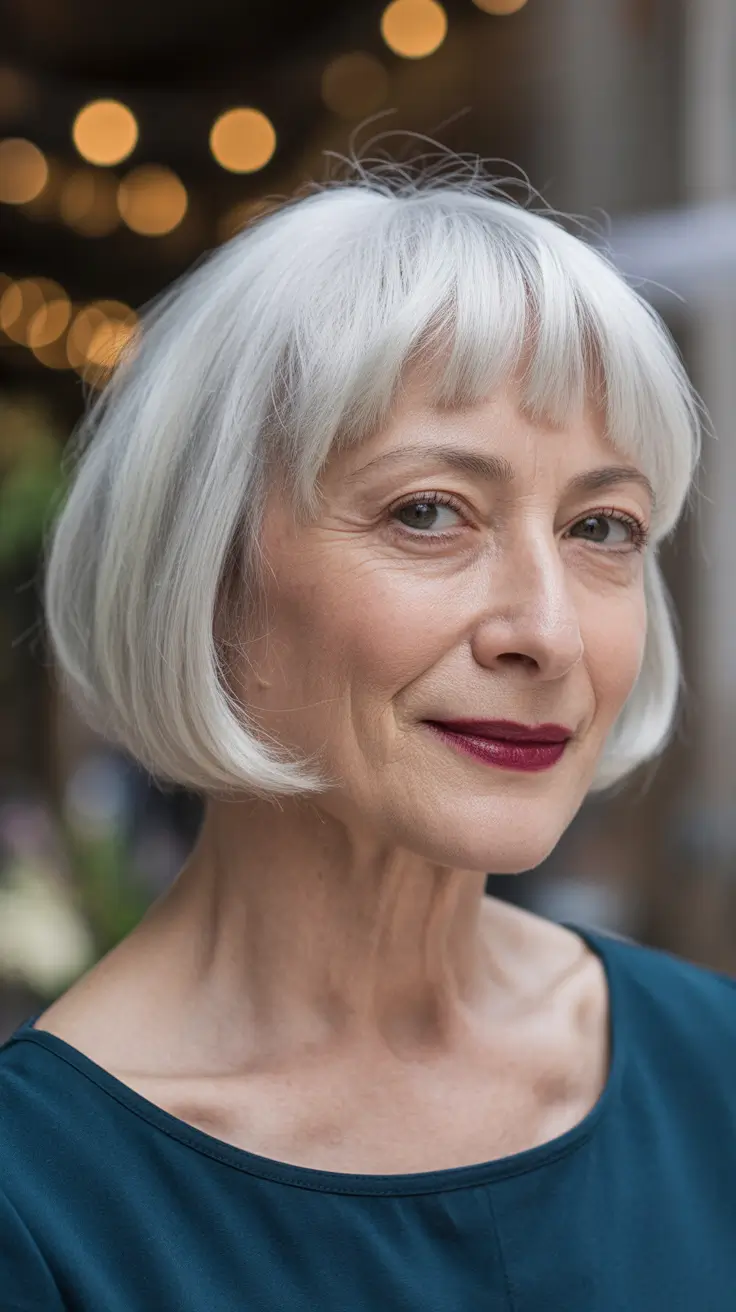winter haircuts for women over 60 Classic White Bob with Straight Bangs
