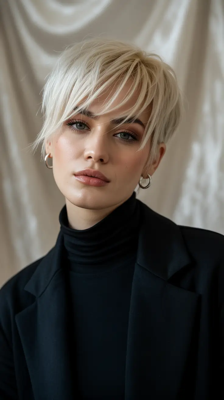 winter haircuts Platinum Pixie with Textured Bangs